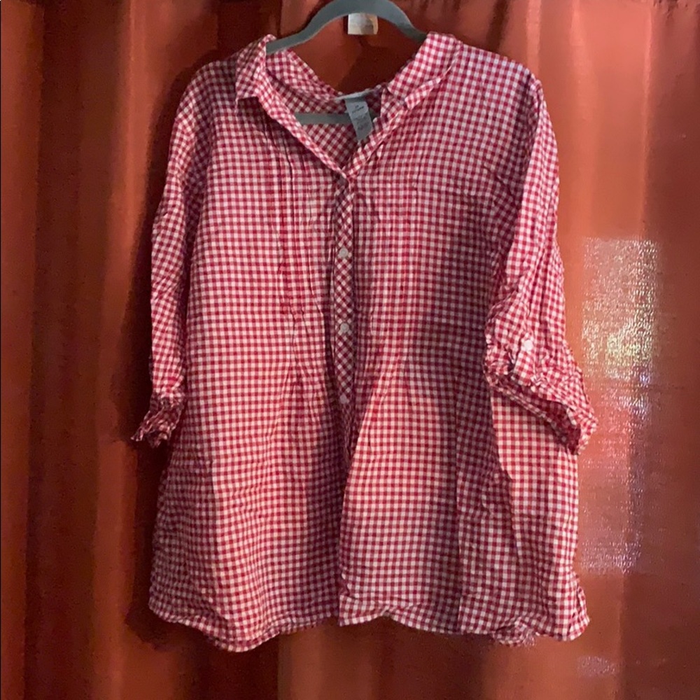 Red and white checkered button down blouse 2X